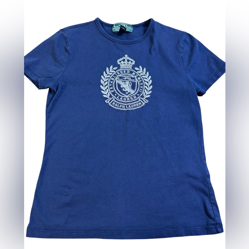 LAUREN RALPH LAUREN Active VTG Y2K Navy Beaded Crest Baby Tee XS